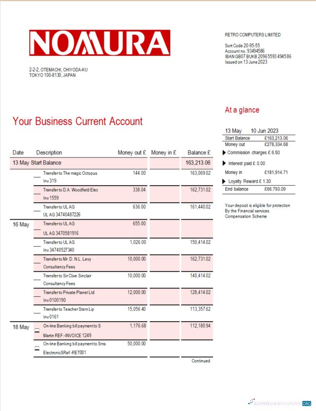 Download Nomura Bank business statement Word and PDF template Photoshop template
